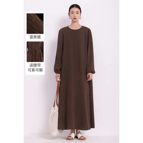 CR竖条皱肌理长袖宽松长裙送腰带