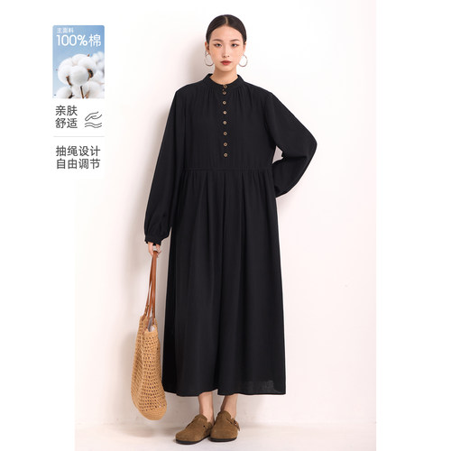 连衣裙长袖长裙黑色立领抽绳收腰显瘦连身裙2025春秋宽松韩版女装