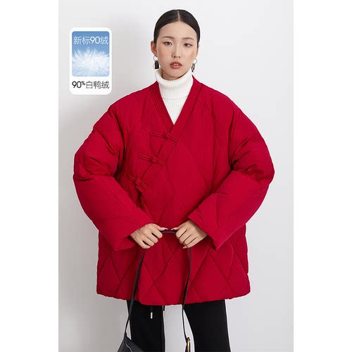 羽绒服年服女90白鸭绒新中式2025高级感气质保暖外套上衣松弛红色