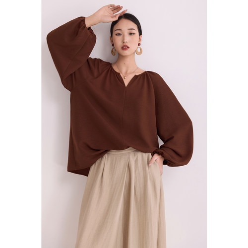 复古美拉德V领灯笼袖衬衫女2026春季宽松气质松弛感长袖罩衫上衣