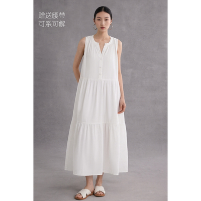 连衣裙子女装度假风无袖连身裙白