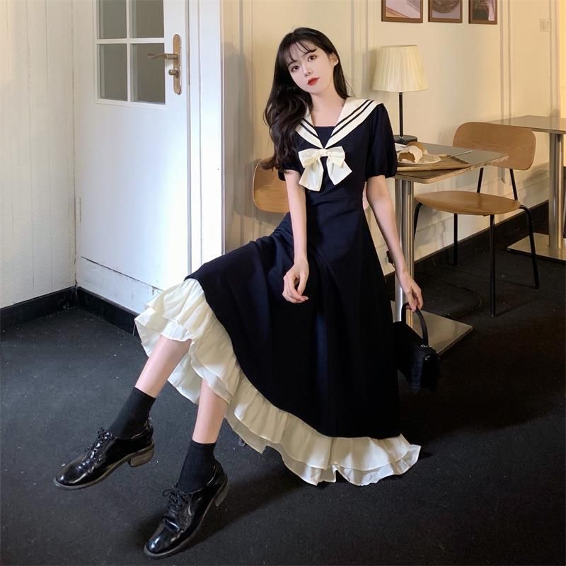 大码学院风刺绣短袖连衣裙显瘦遮肚微胖夏天水手服收腰字裙子图片