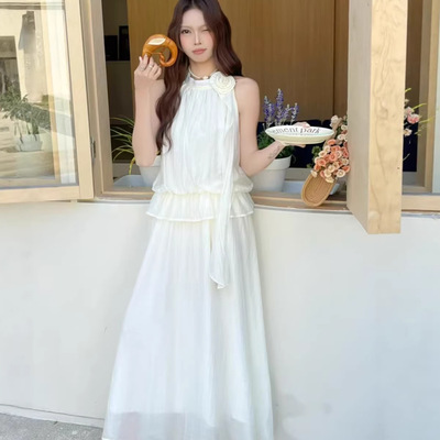 跨境无袖挂脖女装连衣裙子女夏季假两件花苞雪纺云南旅游裙子新款