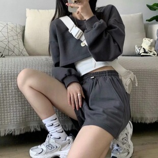 时尚 宽松短款 卫衣INS欧美时尚 露脐运动卫衣学生秋季 纯色运动套装