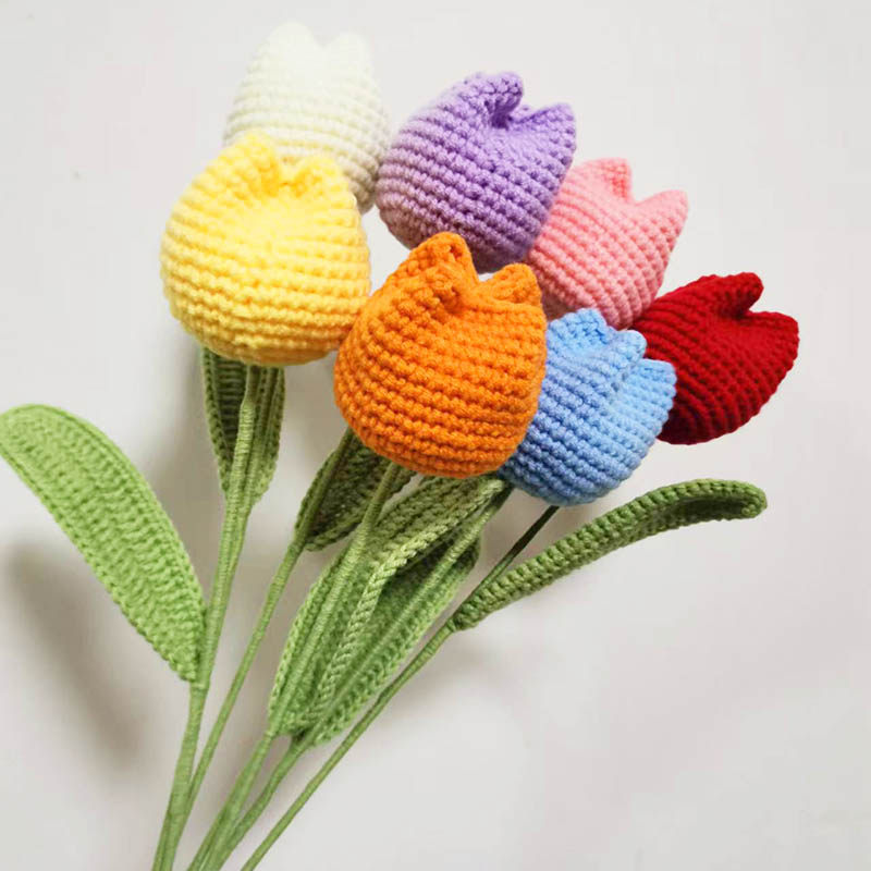 郁金香花束手工编织毛线花仿真花成品diy假花钩针制品摆放花艺