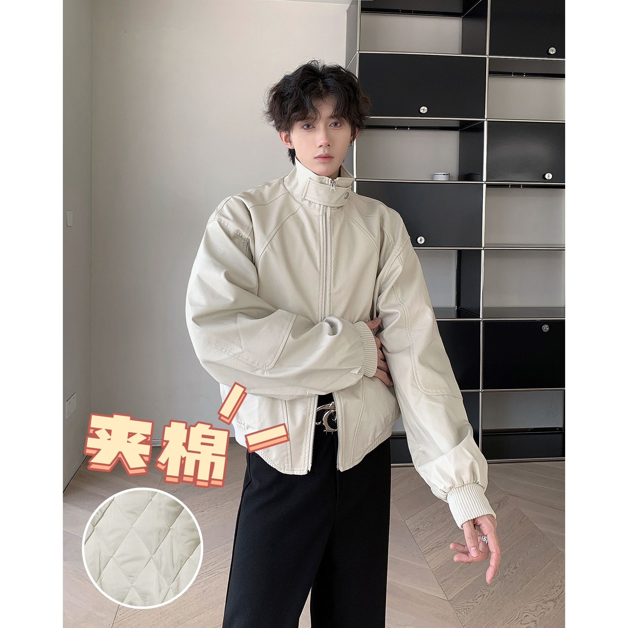MA677-P夹棉83常规73美式复古立领机车PU皮衣短款夹棉加厚外套，男装皮衣，星座1611A