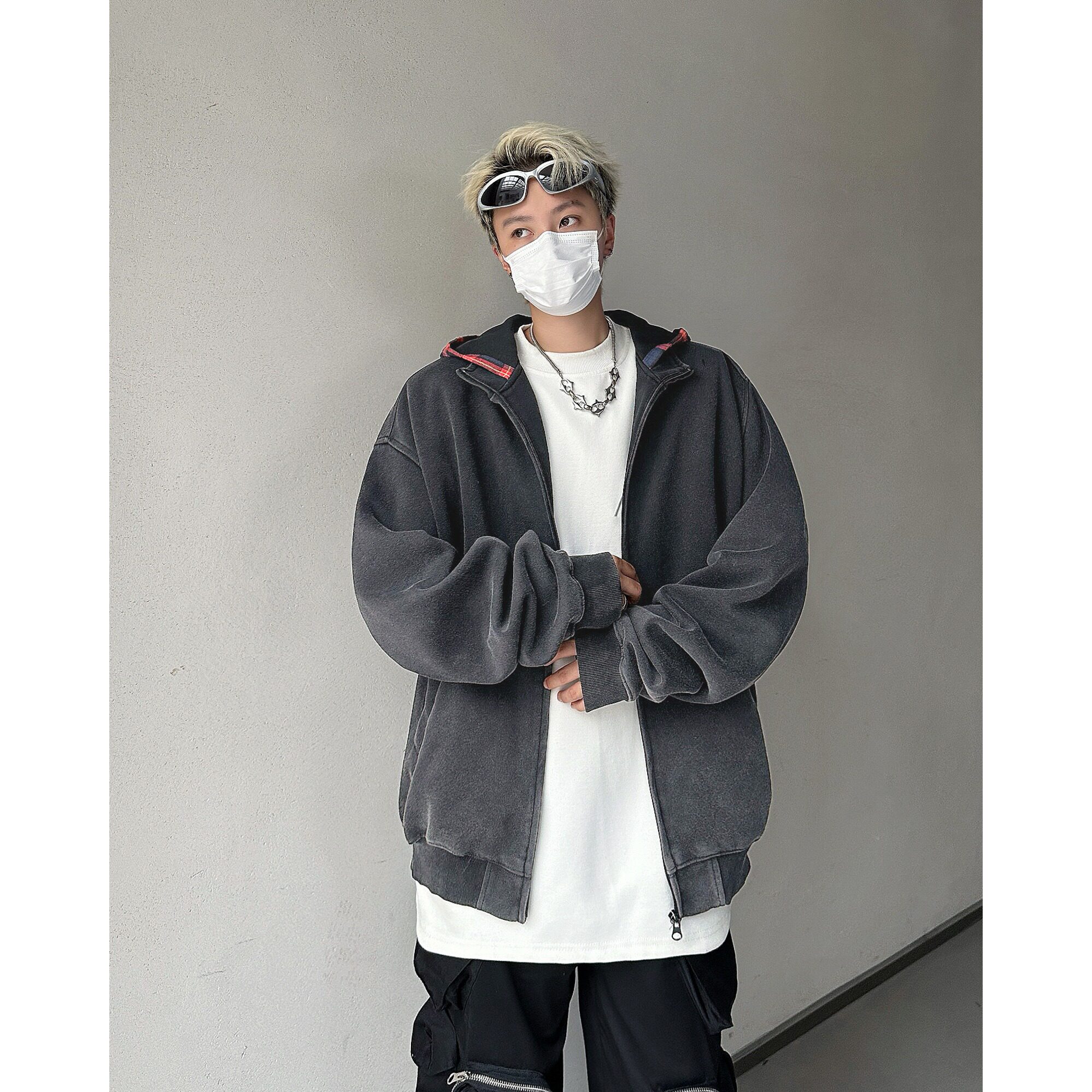 MA571-P65格子拼接连帽卫衣复古美式高街假两件开衫cleanfit外套,女装短外套,星座1611A