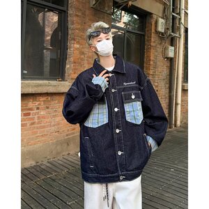MA641-P70长袖牛仔布常规款翻领格子口袋拼接牛仔外套宽松型外套图片