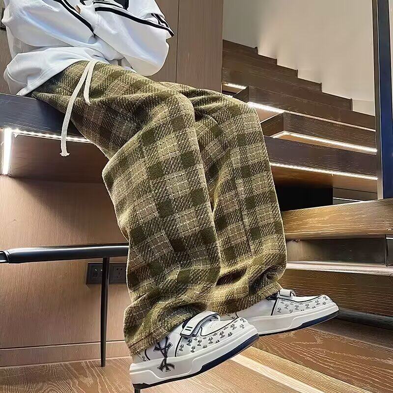 MA469-P44美式复古毛呢格子350克潮牌绿色小香风裤子直筒休闲长裤，男装休闲裤，星座1611A