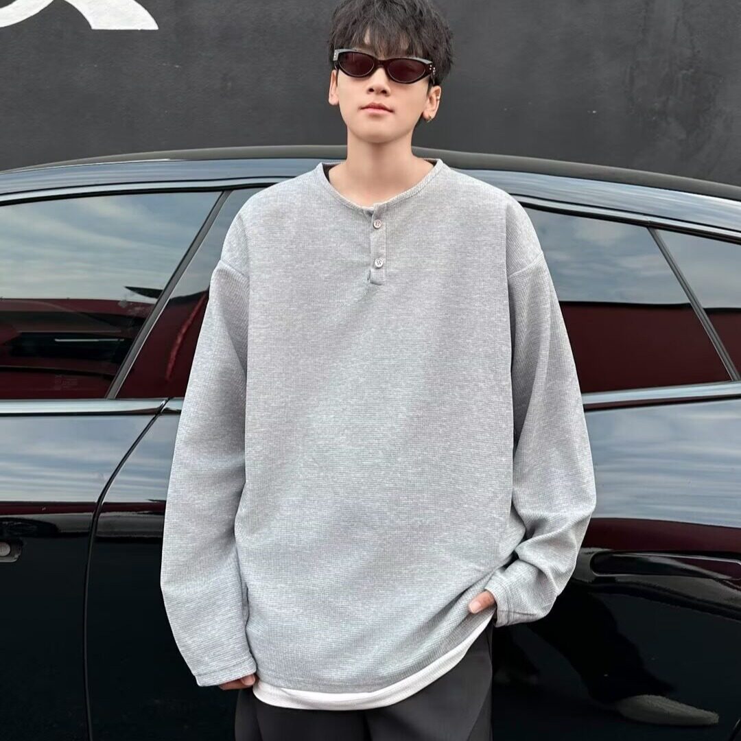 MA651-P42假两件亨利领长袖男款春秋新款重磅内搭打底衫宽松上衣,男装T恤,星座1611A