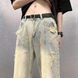 MA630-P52加绒水洗做旧牛仔裤宽松百搭直筒裤高街猫须简约长裤子，男装牛仔裤，星座1611A