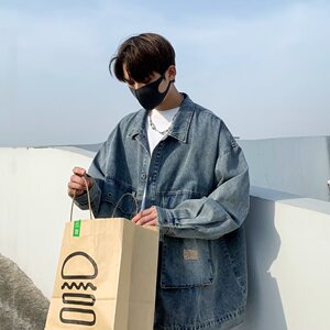 MA633-P68港风bf大口袋牛仔外套春秋季宽松百搭潮牌翻领工装夹克图片
