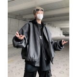 MA421-P83高级黑灰色纹理拉链连帽假两件皮夹克宽松百搭外套pu皮，男装夹克，星座1611A