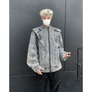 MA518-P75美式复古重工拼接短款牛仔外套潮牌cleanfit机车服夹克图片