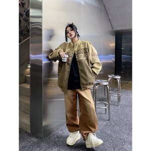 MC942-P80春秋复古麂皮绒刺绣网格拼接情侣夹克外套图片