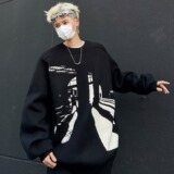 MA466-P50抽象图案圆领套头仿棉料毛衣小众复古宽松慵懒针织衫，男装针织衫/毛衣，星座1611A