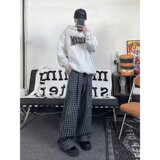 MA563-P43复古慵懒宽松撞色格子休闲百搭阔腿拖地遛弯长裤，男装休闲裤，星座1611A