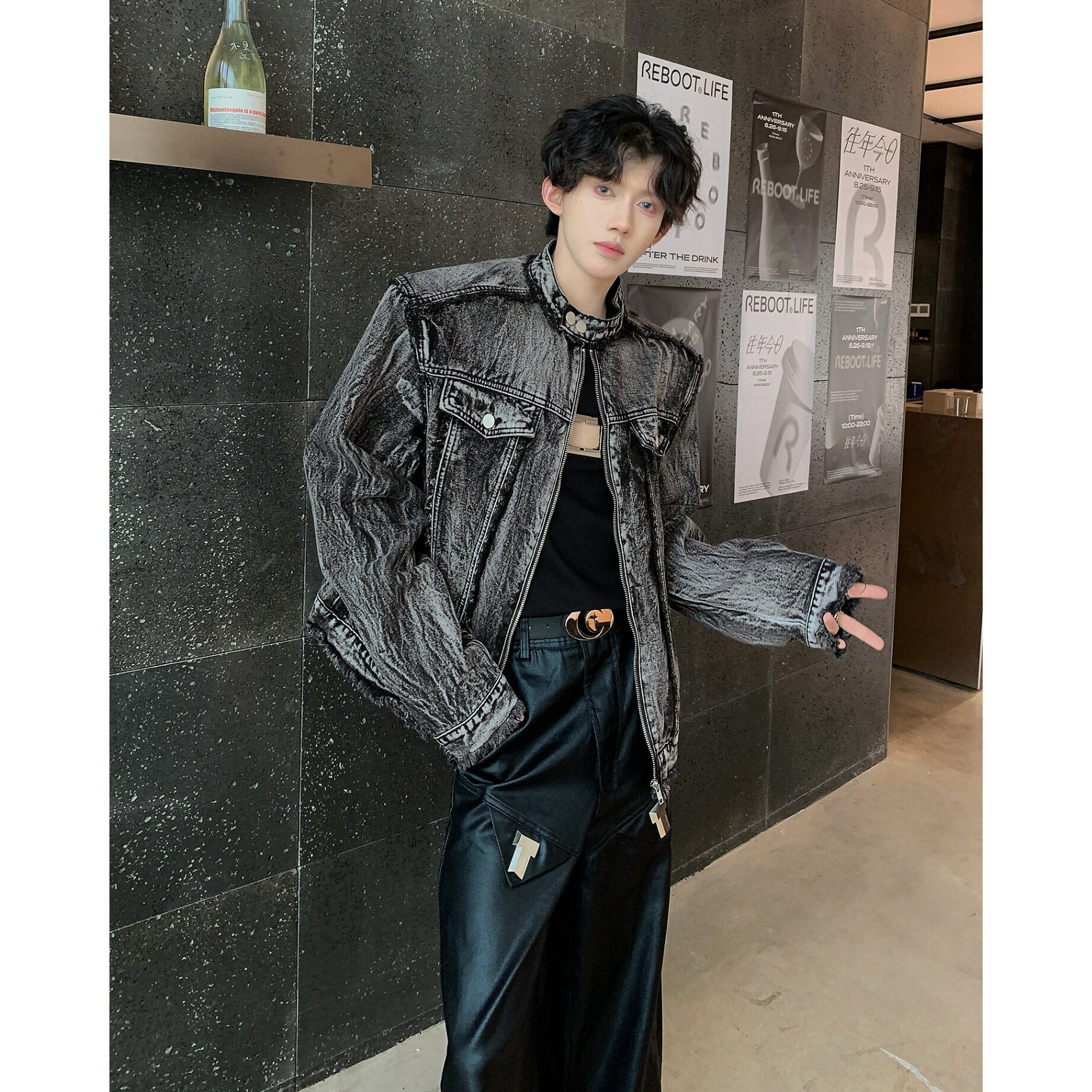 MA584-P80美式复古个性牛仔外套高级感垫肩夹克时尚立领黑牛仔褂,男装工装外套,星座1611A
