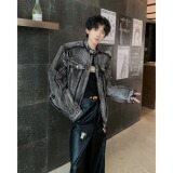 MA584-P80美式复古个性牛仔外套高级感垫肩夹克时尚立领黑牛仔褂，男装工装外套，星座1611A