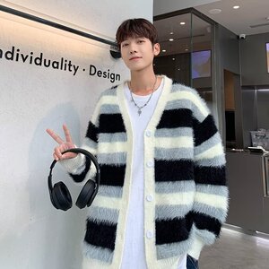 MA517-P67复古貂毛慵懒条纹V领开衫毛衣宽松情侣学院风针织衫外套图片