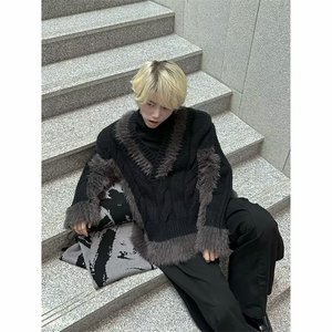 MA588-P60美式街头大V领毛绒拼接针织毛衣高街慵懒风宽松上衣图片
