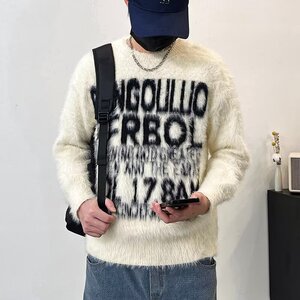 MA709-P55复古水貂毛提花字母针织衫简约宽松重磅圆领长袖毛衣图片
