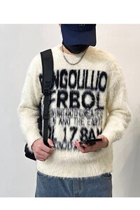 MA709-P55复古水貂毛提花字母针织衫简约宽松重磅圆领长袖毛衣图片