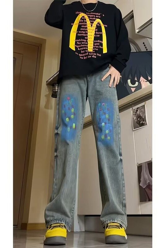 MA556-P48美式街头做旧涂鸦牛仔裤春秋直筒宽松欧美高街vibe风裤,男装牛仔裤,星座1611A
