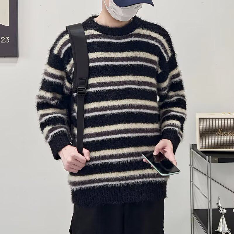 MA512-P55貂毛针织衫秋冬潮牌复古慵懒风条纹撞色宽松套头毛衣图片