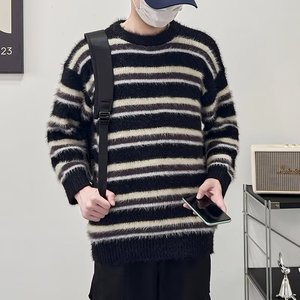 MA512-P55貂毛针织衫秋冬潮牌复古慵懒风条纹撞色宽松套头毛衣图片