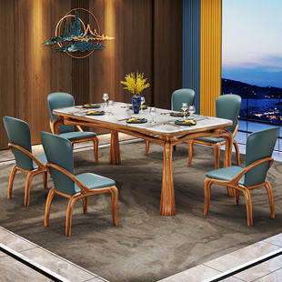 新中式乌金木大理石长方形餐桌现代客厅奢华小户型实木家用吃饭桌