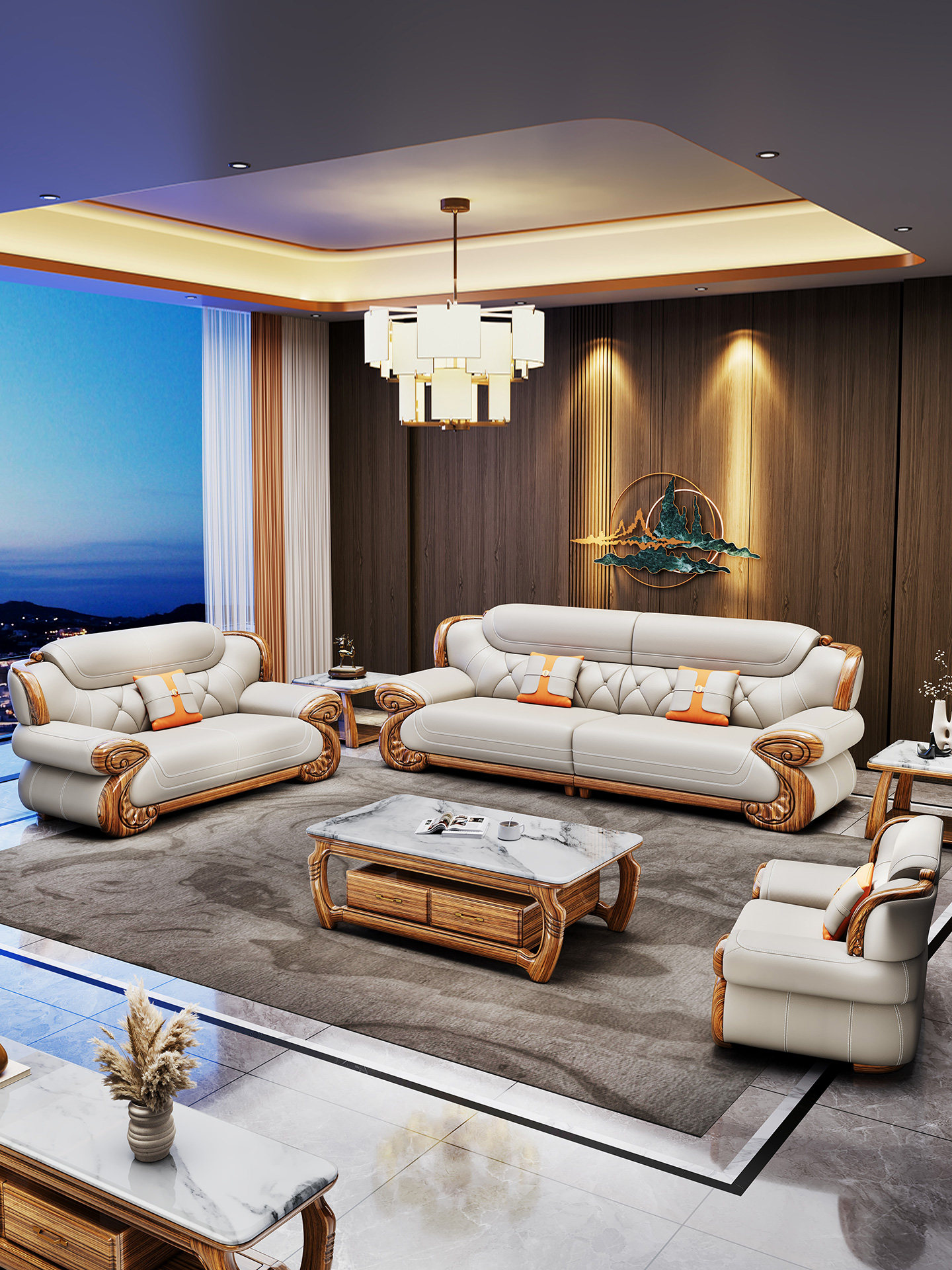 新中式乌金木真皮沙发现代客厅大户型新款实木头层牛皮家具组合