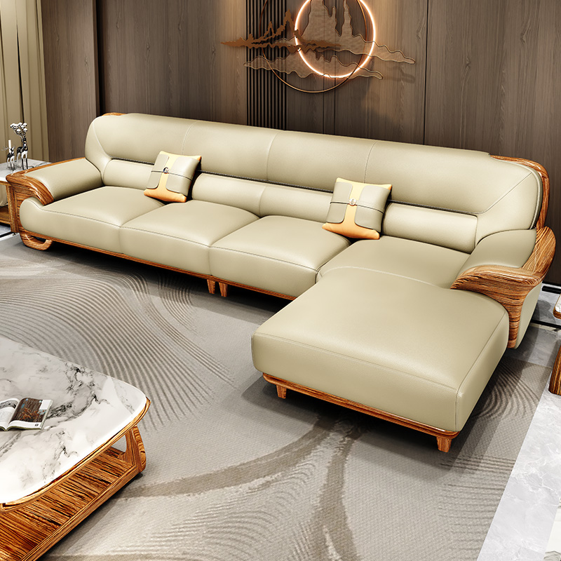 现代中式乌金木真皮转角贵妃沙发简约客厅实木拐角小户型L型组合