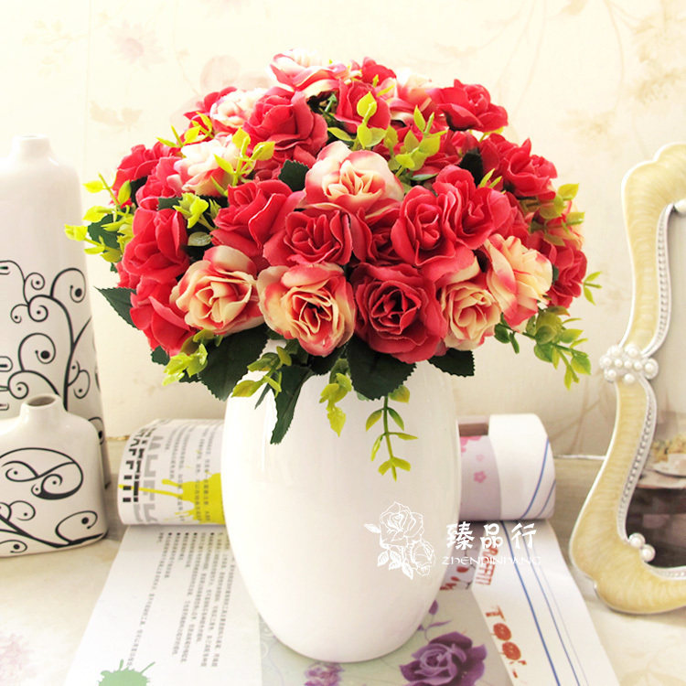 春色玫瑰假花仿真花套装包邮 客厅花卉花艺 室内盆栽 家居装饰品