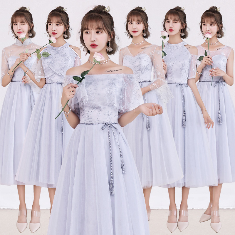 伴娘礼服女2018新款秋季姐妹团灰色伴娘裙子韩版中长款闺蜜装婚礼