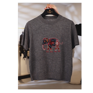 上衣女XT 圆领羊毛刺绣针织短袖 2602168 百搭气质洋气女装 时尚