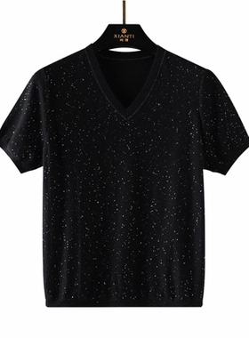 【闲提】薄款超细美丽诺纯羊毛黑色星空V领短袖针织衫女240113