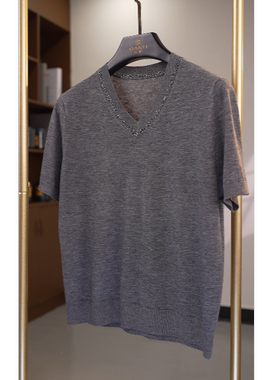 【闲提】高品质新款超细轻薄V领撞边短袖针织衫时尚女夏-2502050