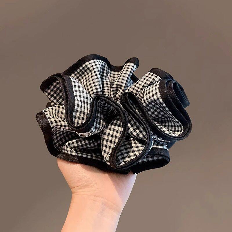 超大号黑白格纹大肠发圈气质低马尾麻花辫发绳高级感肥肠头绳发饰