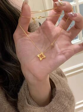 中古金色四叶花吊坠项链女款2026