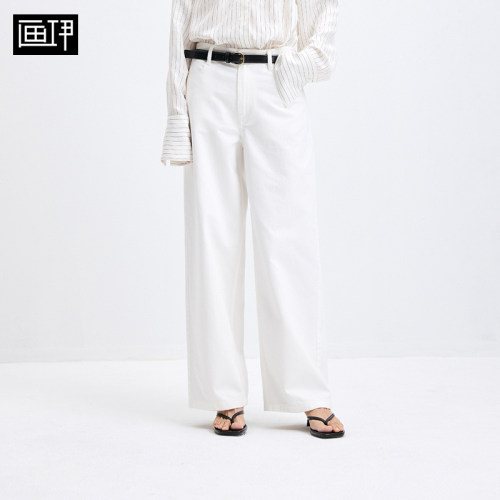 画伊阔腿长裤白色高腰牛仔裤