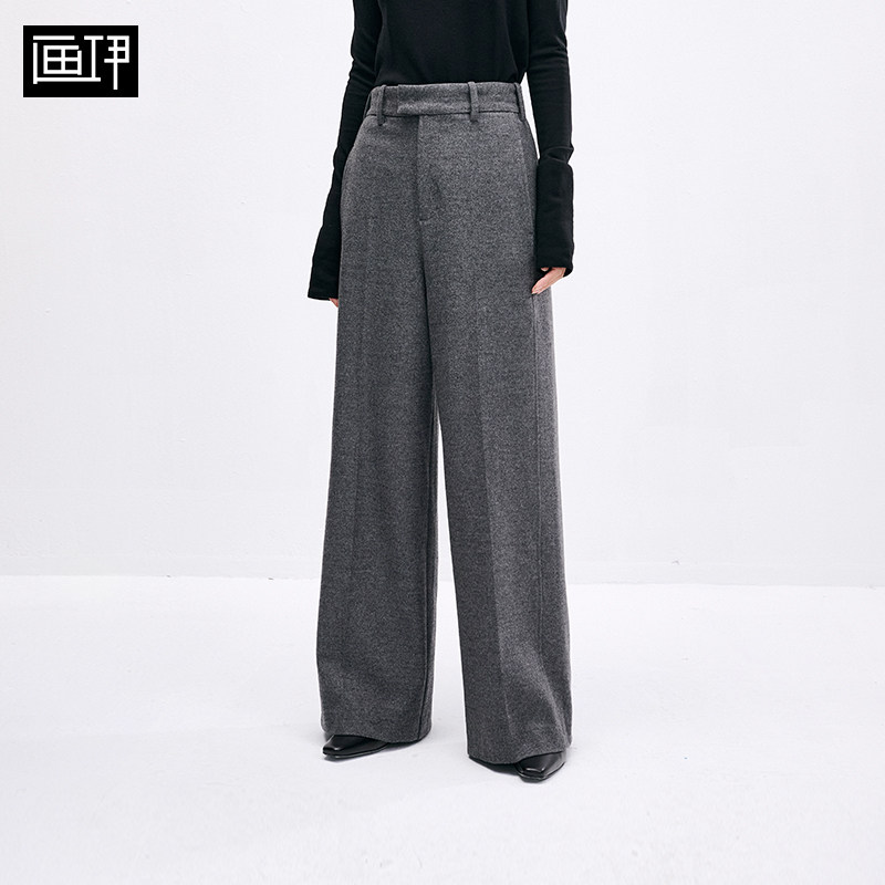 画伊秋冬季含羊毛高腰通勤毛呢西裤宽松阔腿直筒休闲长裤女
