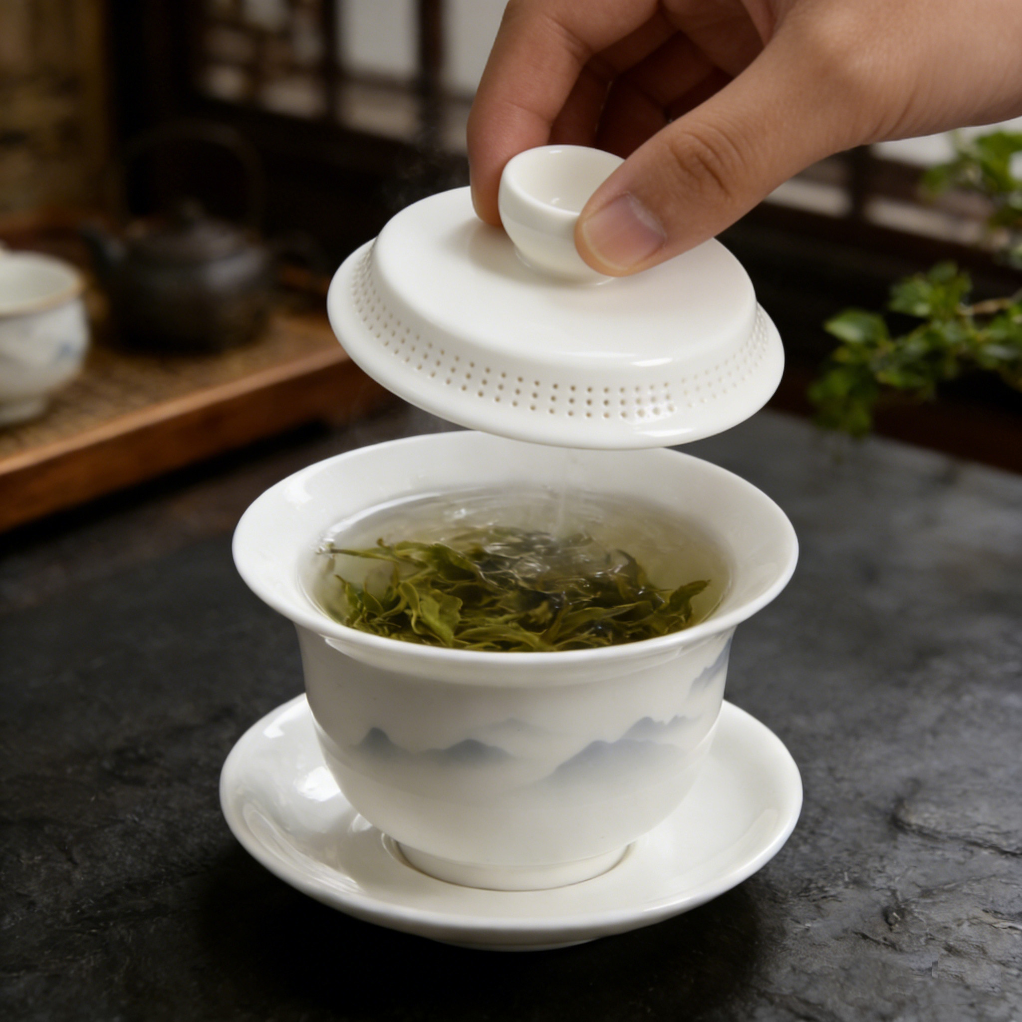 盖碗悬停复古青花陶瓷功夫茶具盖子自带过滤 羊脂玉办公家用盖碗