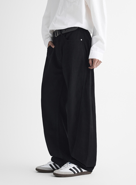 PKL 春秋季纯棉弯刀休闲裤男cleanfit宽松直筒大码黑色阔腿长裤子