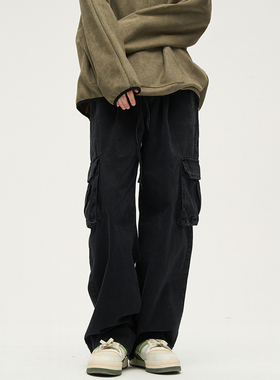 PKL 纯棉重磅水洗工装裤男休闲裤直筒宽松大码美式潮简约军绿长裤