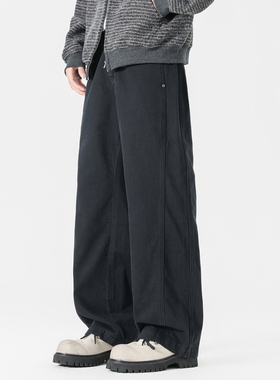 PKL 秋冬重磅珠帆布纯棉休闲裤男工装裤宽松直筒大码立体拼接设计