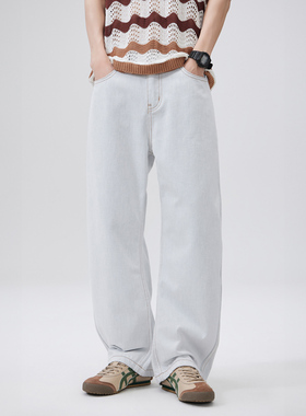 PKL白色牛仔裤男春季2025新款美式高街宽松直筒男士休闲长裤子