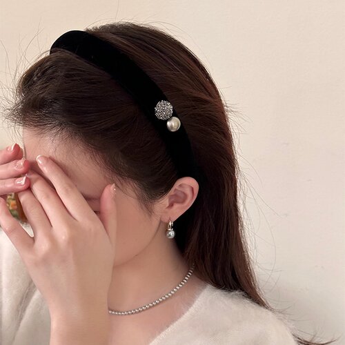 复古法式黑色丝绒秋冬高级感珍珠高颅顶发箍女2026新款头饰头箍
