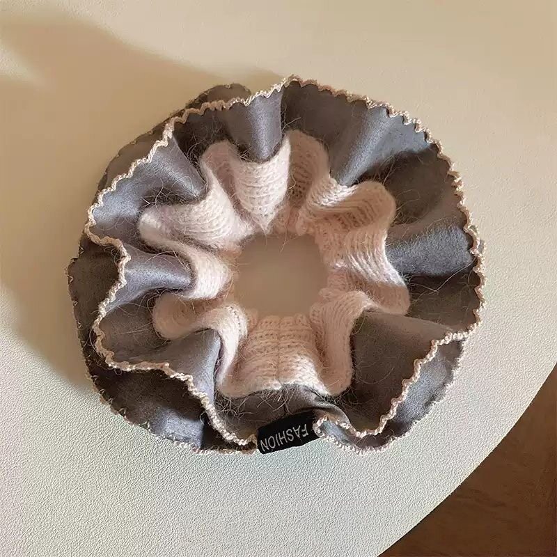 粉灰拼色花边针织大肠发圈