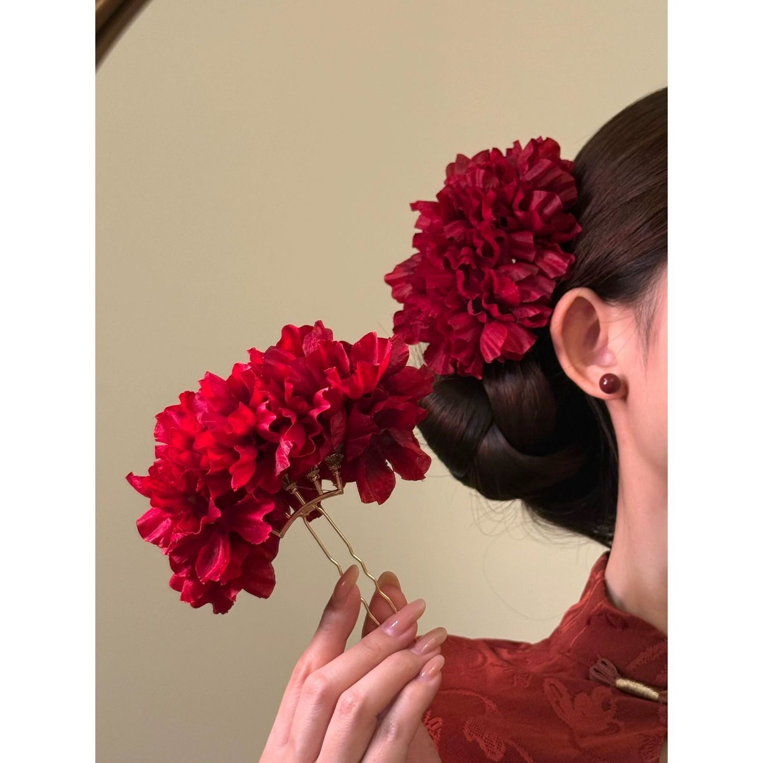 原创【千恋万花】氛围感红色花朵发簪新中式新娘订婚头花好看发饰